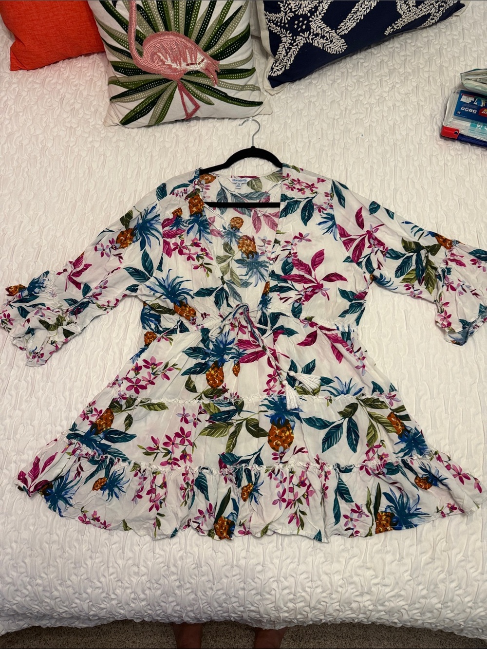 blue island Tropical Floral Swim Cover Up in Pink, Blue & Green